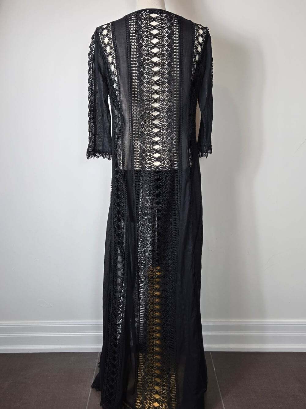 Charo Ruiz Ibiza Ali Lace Sheer Maxi Kimono Cover Up Black S Boho Luxury Resort - Picture 10 of 11